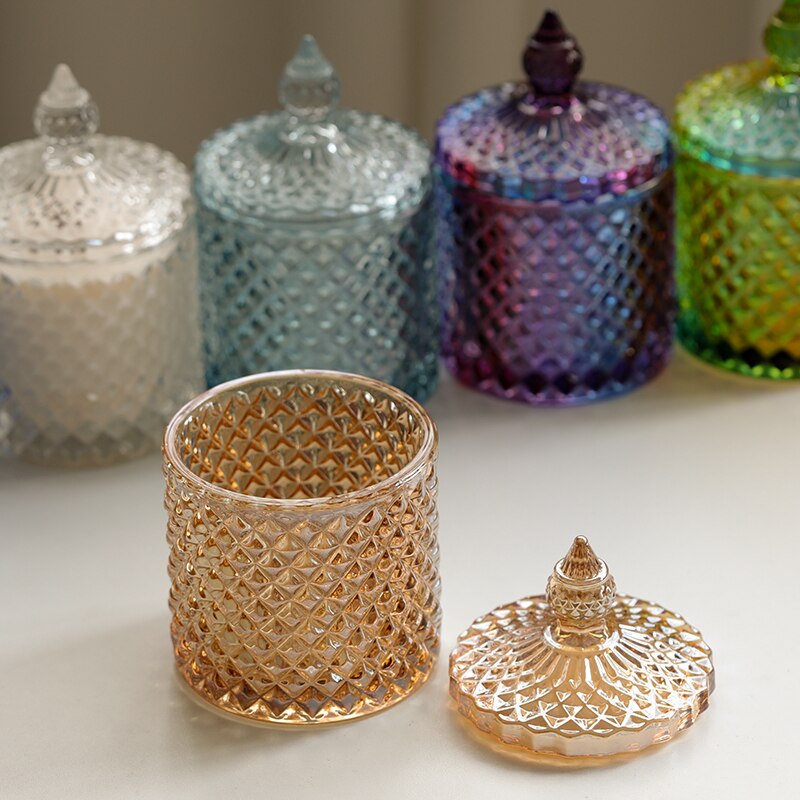 Pot de bougie vide en verre, motif losange gaufré, récipient en verre couleur bougie d&#39;aromathérapie à domicile, bricolage matériel fabrication de bougies