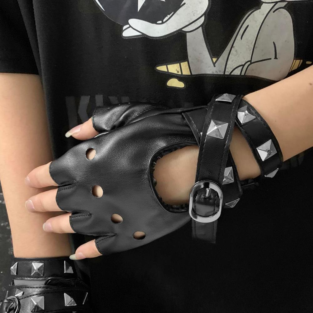 Women's punk Leather gloves Studded Metal Band Fingerless Gloves