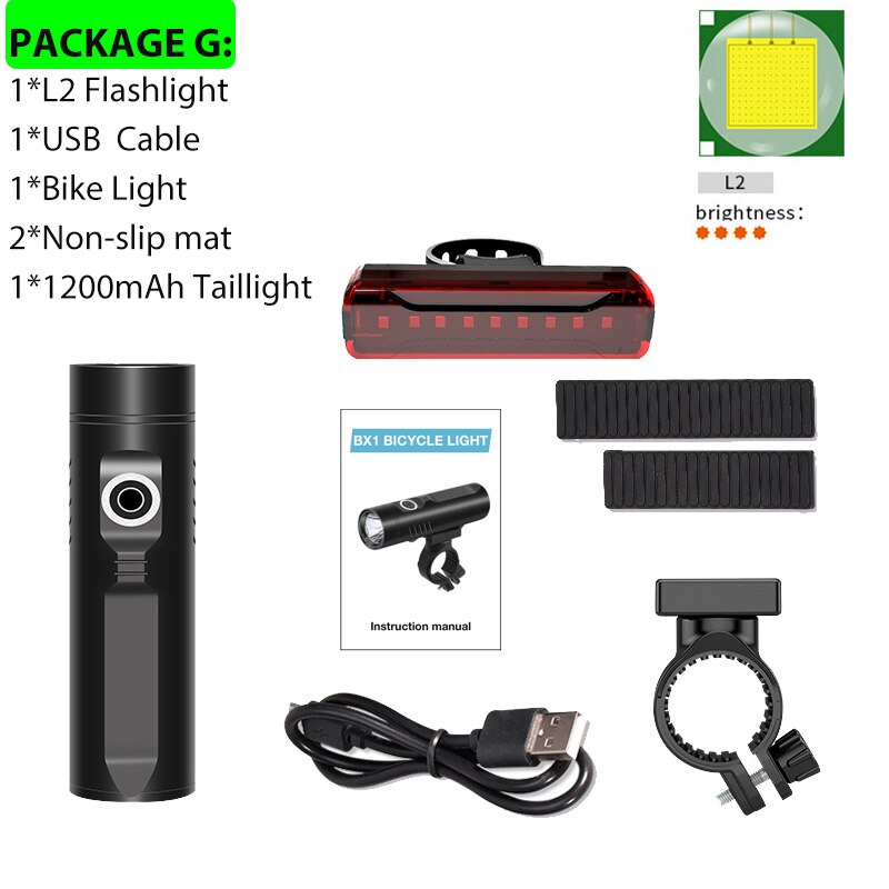 Trlife kraftig blænding cykellygte xhp 90 p50 l2 t6 cykel led lys usb genopladeligt batteri vandtæt forlygte cykellampe: L2 og baglygte