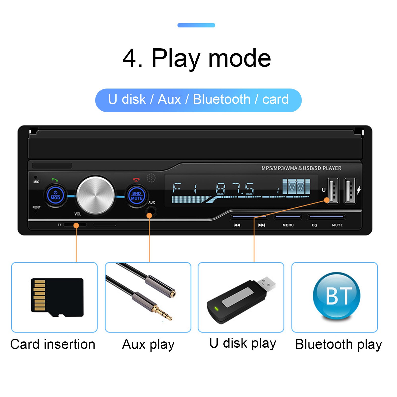 Retractable 7 Inch Car FM Radio Calling Music Audio Video Bluetooth MP5 Player