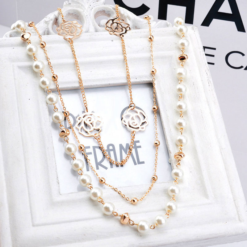 Lange Gesimuleerde Parel Ketting Voor Vrouwen Camellia Dubbele Laag Hanger Trui Chain Party Ketting
