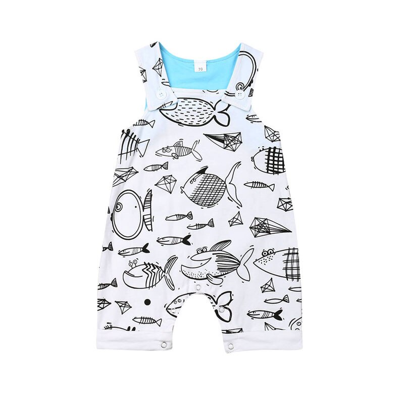 Focusnorm Newborn Infant Baby Boys Girls Romper Cartoon Print Fish Sleeveless Romper 1PC Outfit Clothes