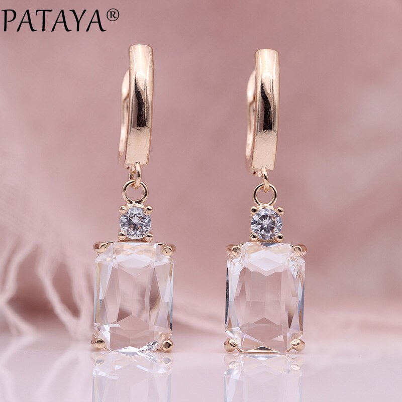 PATAYA Square Dark Blue Long Earrings Women Wedding Jewelry 585 Rose Gold Hollow Multicolor Natural Zircon Dangle Earrings: white