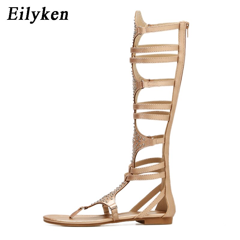 Eilyken-Sandalias romanas de gladiador para mujer, zapatos de cuero con remaches, Punta abierta, flecos, tacón plano, talla 35-40