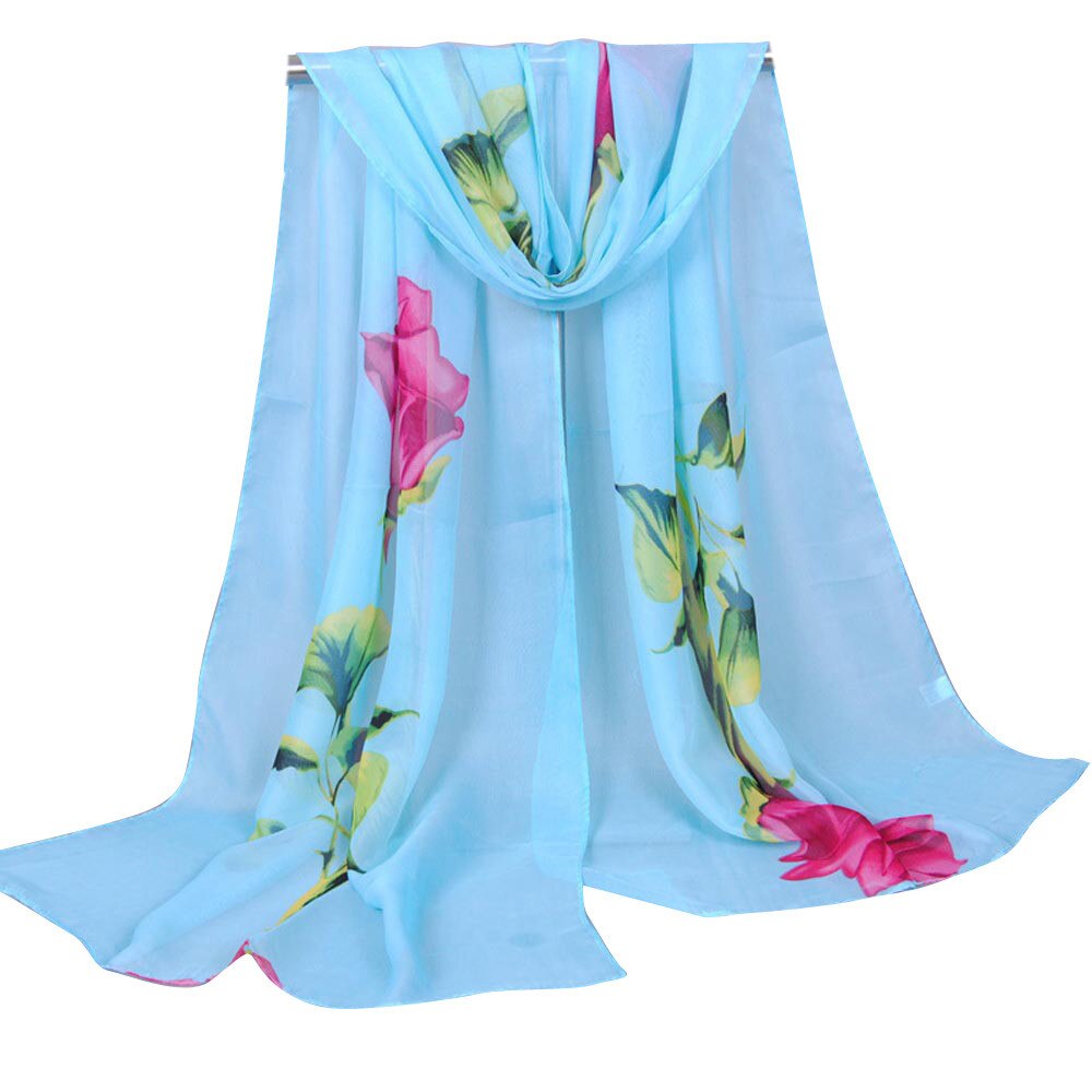 Zomer Mode Vrouwen Zijden Sjaal Rose Lange Soft Wrap Sjaal Dames Chiffon Sjaal Hijab Gedrukt Foulards Sjaals: Blue 2PCS