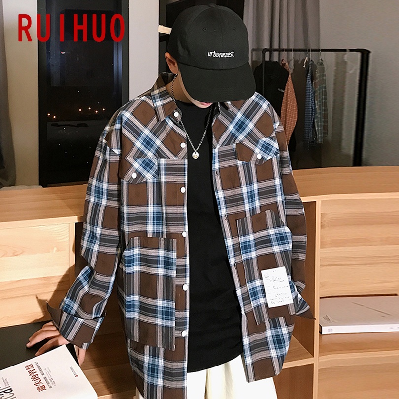 Ruihuo våren casual rutete skjorte herre slim fit koreansk stil mannlige langermede skjorter herre merke pluss størrelse m -3xl