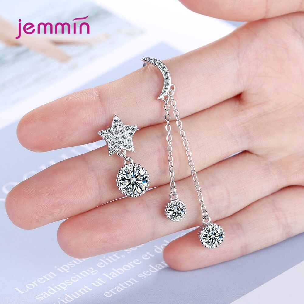 100% 925 Zilveren Oorbellen Voor Vrouwen Asymmetrie Aaa Shiny Cubic Zircon Moon Star Shape Sterling Sieraden Huwelijkscadeau