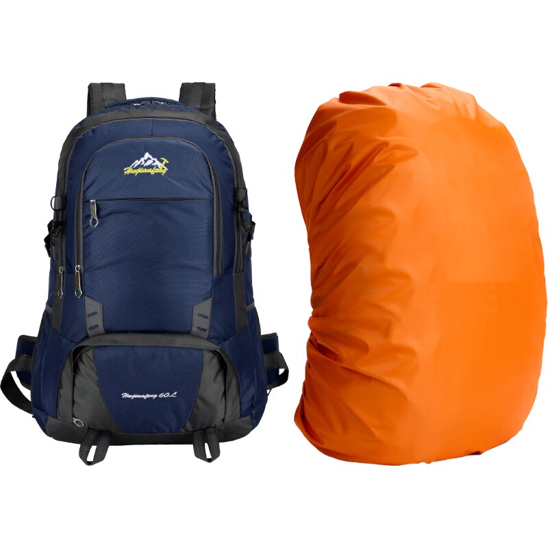 60L Outdoor Long Distance Shoulders Bag Cycling Backpack Mountaineering Camping Travelling Knapsack Climbing Hiking Rucksack: Navy and Cover