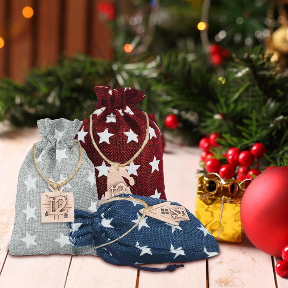 24Pcs Kerst Kalender Katoen Linnen Zak Advent Kalender Stof Candy Bag Christmas Bag Kerst Decoratie Kalender Set