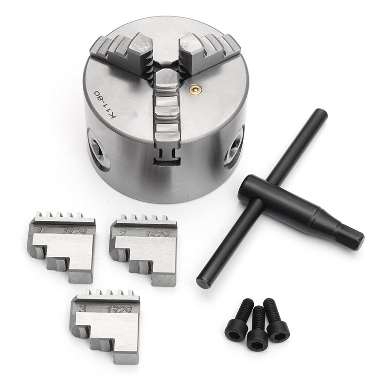 3 Jaw 80mm Self-Centering Lathe Chuck K11 80 with Wrench and Screws Hardened Steel for Drilling Milling Machine Mini lathe DIY