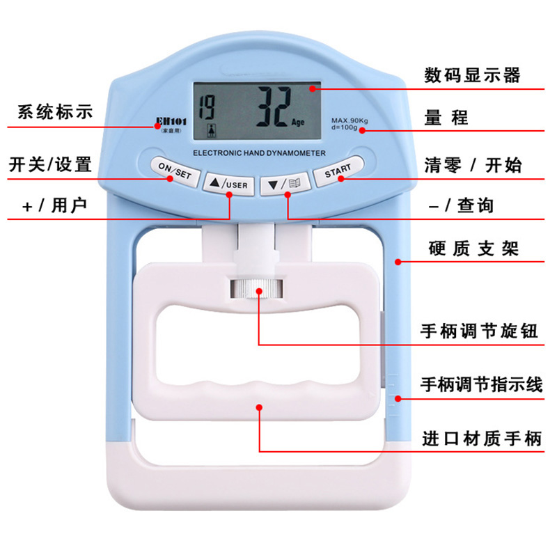 Digital Hand Dynamometer Grip Strength Measurement Meter Auto Capturing Hand Grip Power 200 Lbs 90 KgF EH101 Exam Test Hand Grip