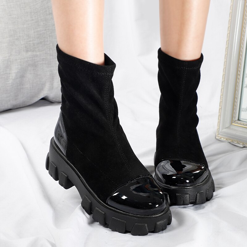 Vrouwen Sok Laarzen Pu Lederen Dames Platform Enkellaars Vrouwelijke Slip Op Flock Ronde Neus Schoenen Kantoor Voor Vrouw Botas mujer Mode