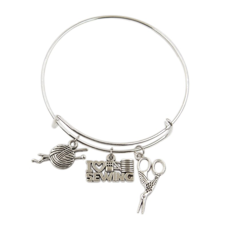 Zilverkleurig metaal dames vintage ik hou van breien naaimachine garen schaar bedels accessoire mannen armbanden sieraden: Type 3