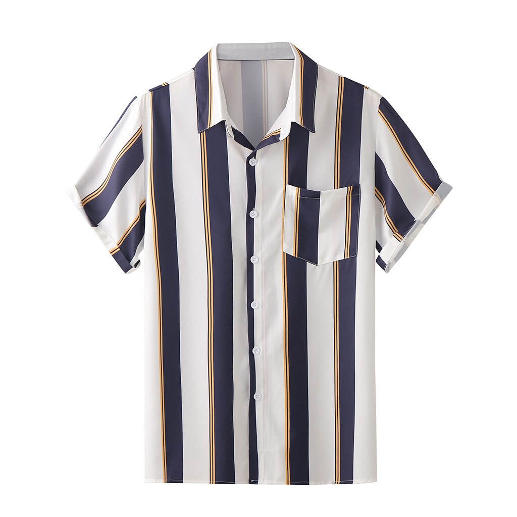 Mannen Shirt Zomer Top Casual Korte Mouw Gestreepte Print Knoppen Met Zakken Turn Down Kraag Losse Cool Strand Shirts camisas