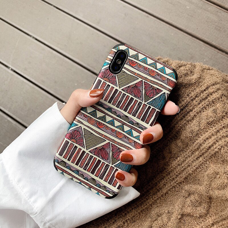 Phone Case For iPhone X Xs Max XR 6 6s 7 8 Plus Cover Ethnic National Style Safe Fitted Coque Knitted Fabric Case