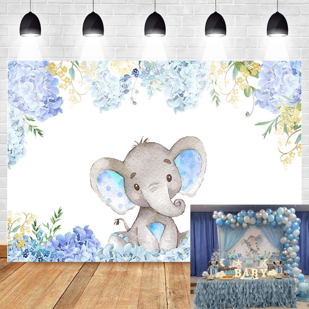 Elephant Theme Photography Backdrop - Blue Floral Baby Shower Birthday Background