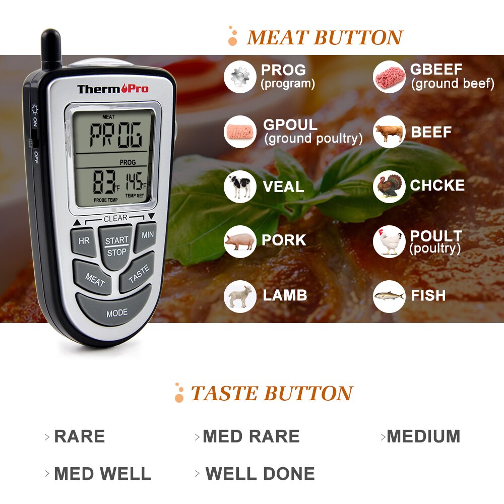 Thermopro TP-09 Termometro A Distanza Senza Fili/Senza Fili Forno Termometro di Carne della Sonda In Acciaio Inox Grande Schermo con Timing