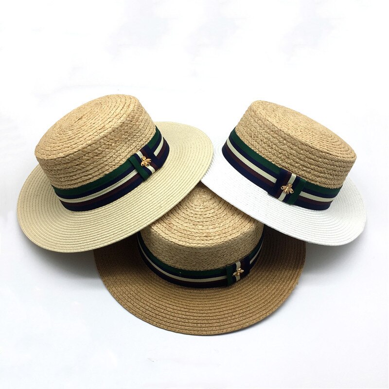 Meisjes Natuurlijke Raffia Floppy Strooien Hoed Gestreepte Band Platte Rand Zomer Schipperhoed Vrouwen Raffia Schipper Strand Strooien Hoed