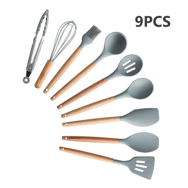 Batterie de cuisine en silicone avec poignée en bois Ensemble de cuisine Ensemble de batterie de cuisine Batterie de cuisine antiadhésive Accessoires de cuisine avec boîte de rangement en acier inoxydable: GRAY-9PCS