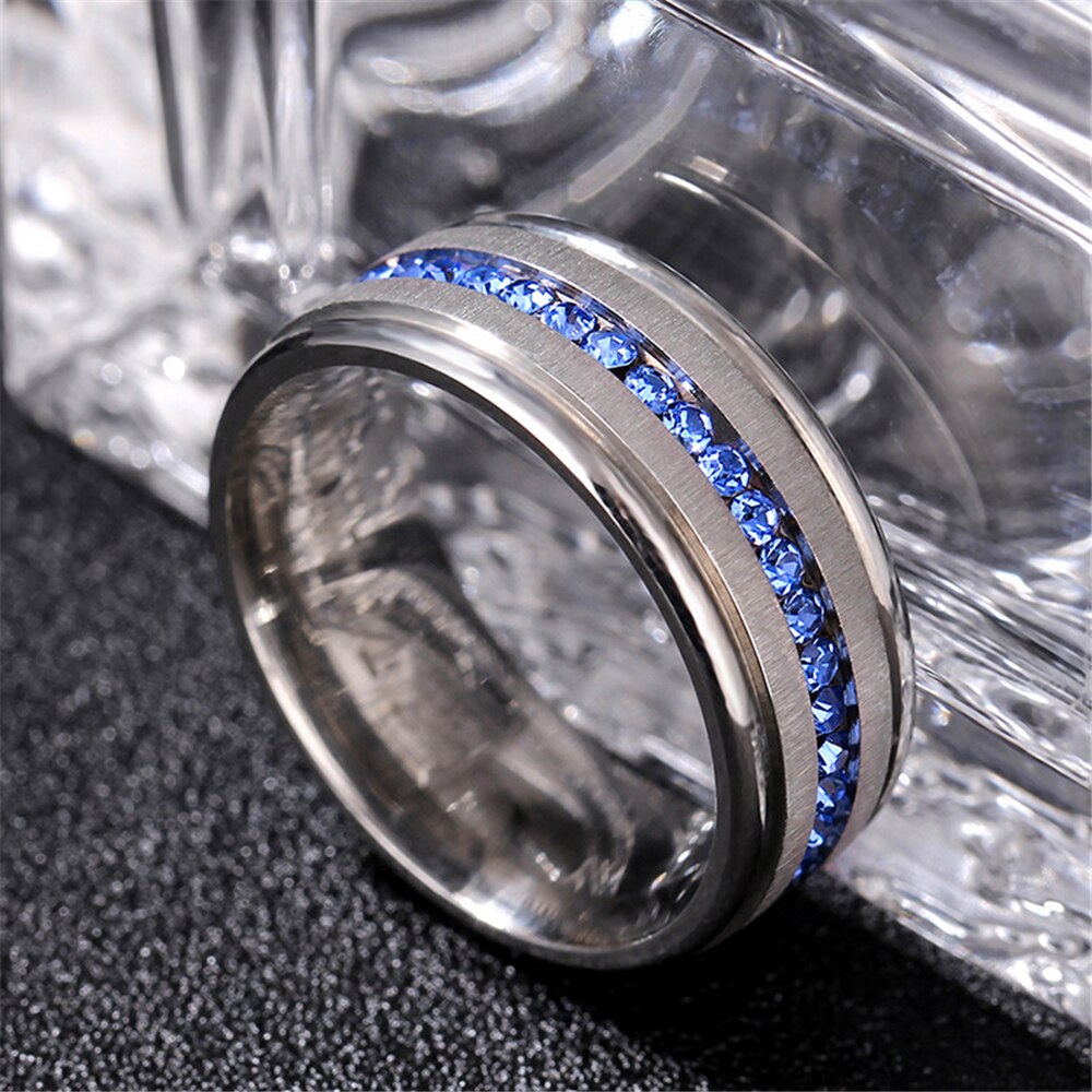 Loredana-Anillo de boda con tiras largas clásicas de 8mm para hombre y mujer, sortija de circón azul, joyería de acero inoxidable 316L