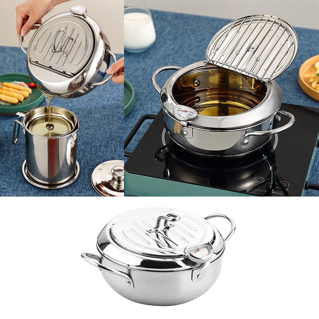 Deep Frying Pan with thermometer Japanese Tempura Fryer Pot Drainage Frying Pan