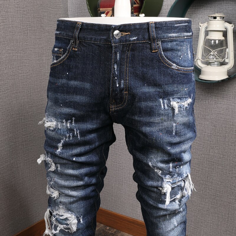 American Streetwear Men Jeans Retro Blue Slim Fit Ripped Jeans Men ...