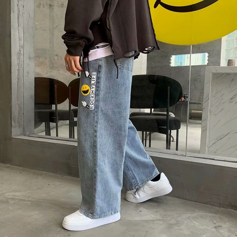 Zazomde mænd jeans efterår tegneserie tryk løse lige cropped bukser ung personlighed trend herretøj