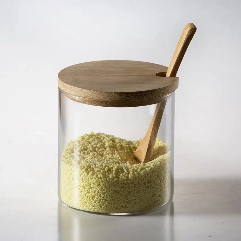 Spice Jars Kitchen Transparent Condiment Salt Pepper Storage Containers with Wood Spoon Bamboo Lid Sugar Coffee Seasoning Bottle