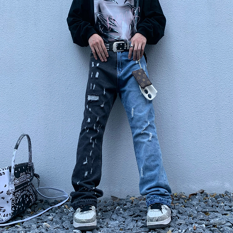 Swag – jean délavé délavé et délavé pour homme, pantalon en Denim évasé, coupe ajustée, style Hip Hop, noir et bleu