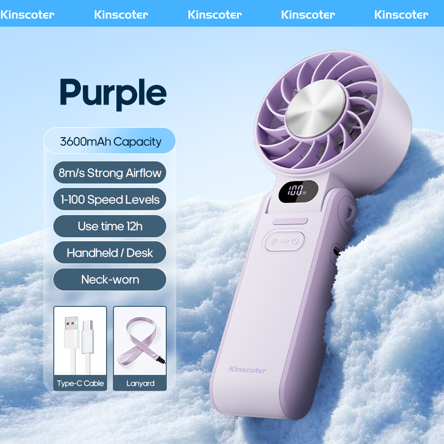 KINSCOTER Outdoor Foldable Portable Handheld Fan Mini Cooling Rechargeable 3600mAh 100-level Free Control High Speed Turbo Fan: PURPLE