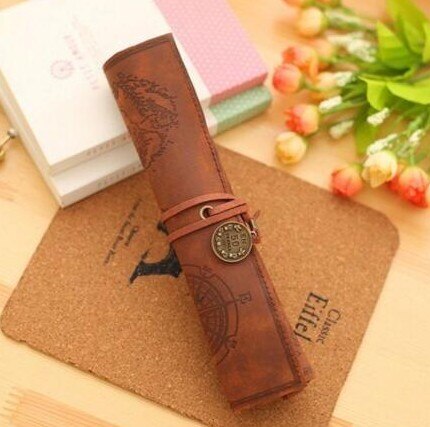 Vintage Pirate Treasure Map Pencil Cases PU Leather Roll Pen Bag Pouch For Stationary School Supplies Make Up Cosmetic Bag: Light Coffee
