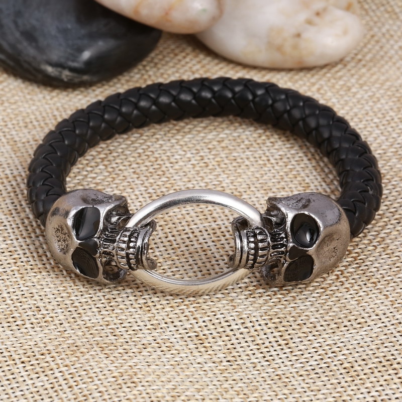 Classical Black Handmade Leather Chain Weaved Man Skull Bracelets Magnet Clasp 316L Stainless Steel Wristband