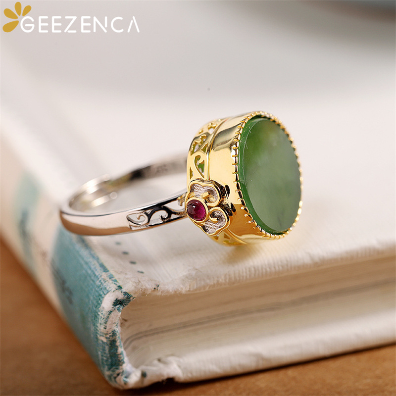 GEEZENCA S925 Silber- Jade Jasper Medaillon Ring Anhänger Jahrgang Luxus Openable Glücklich Ringe Anhänger Schmuck setzt ohne Kette