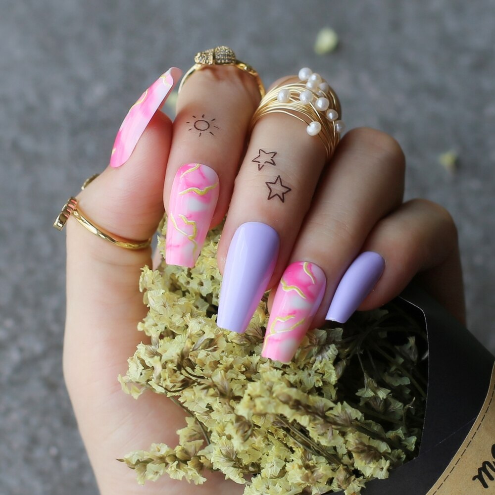 Faux-ongles en rose lavande, accessoire de manucure pour ballerine, longs et en fleurs