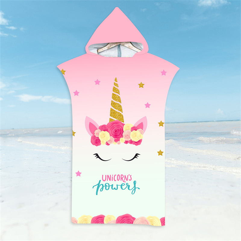 Cartoon Eenhoorn Badjas Strandlakens Sneldrogende Badhanddoek Lichtgewicht Microfiber Kapmantel Zwemmen Surf Volwassen Meisjes Poncho: Black