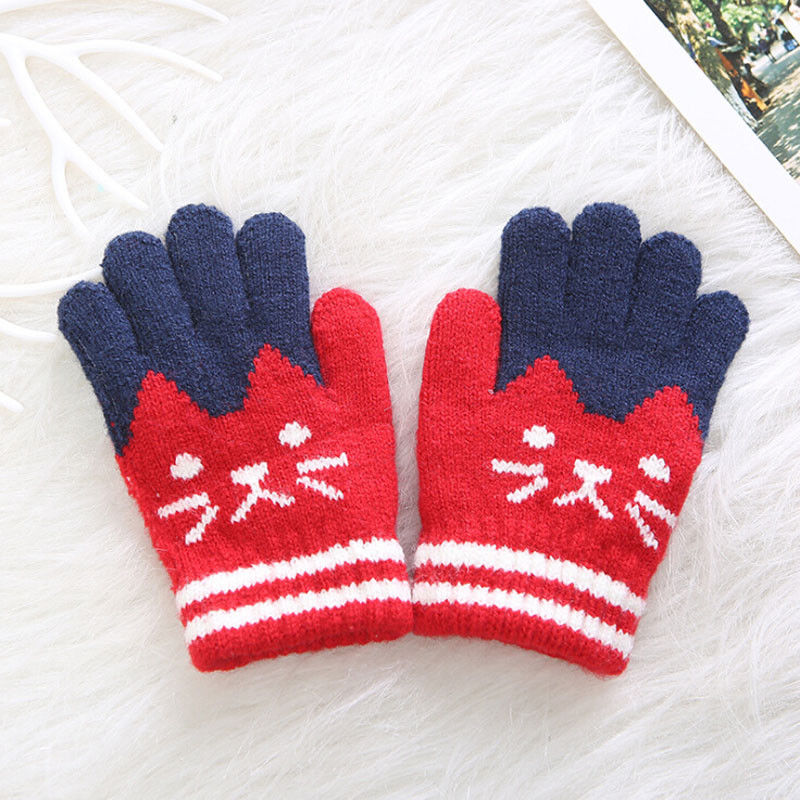 Gants tricotés pour enfants, hiver , mitaines chaudes avec dessin animé de chats mignons pour l&#39;extérieur: Rouge