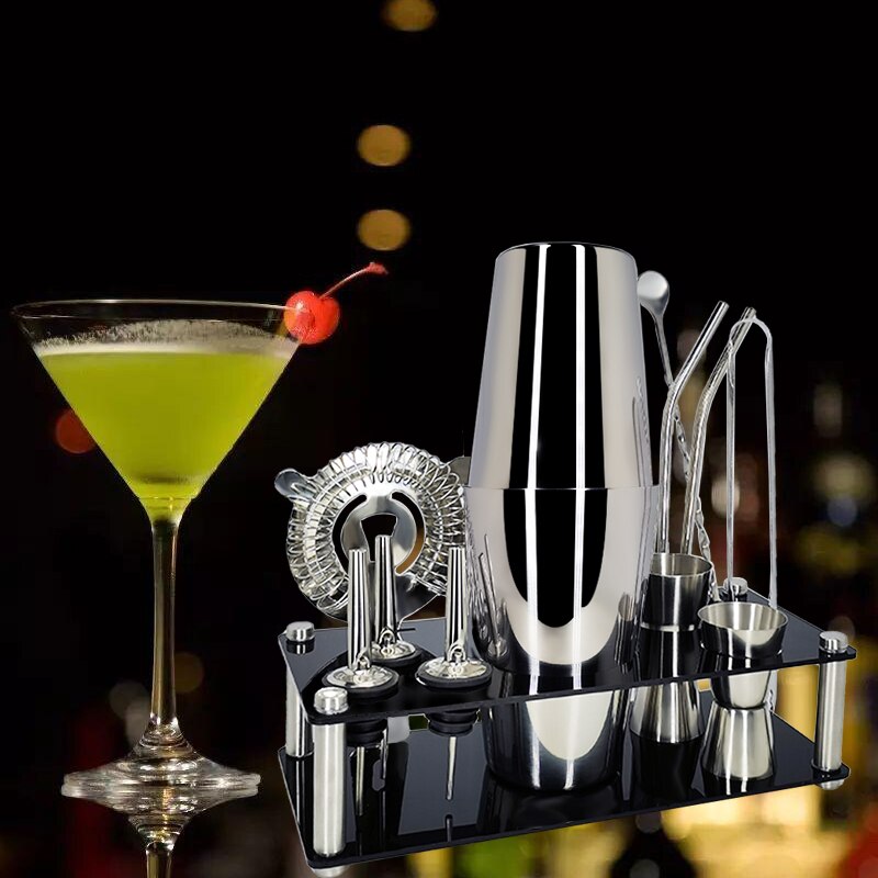 1-14 Teile/satz Edelstahl Boston Schnee Cocktail Shaker Rührgerät Trinken Barmann Werkzeug einstellen mit Gestell Rahmen Bar Cocktail Rezept