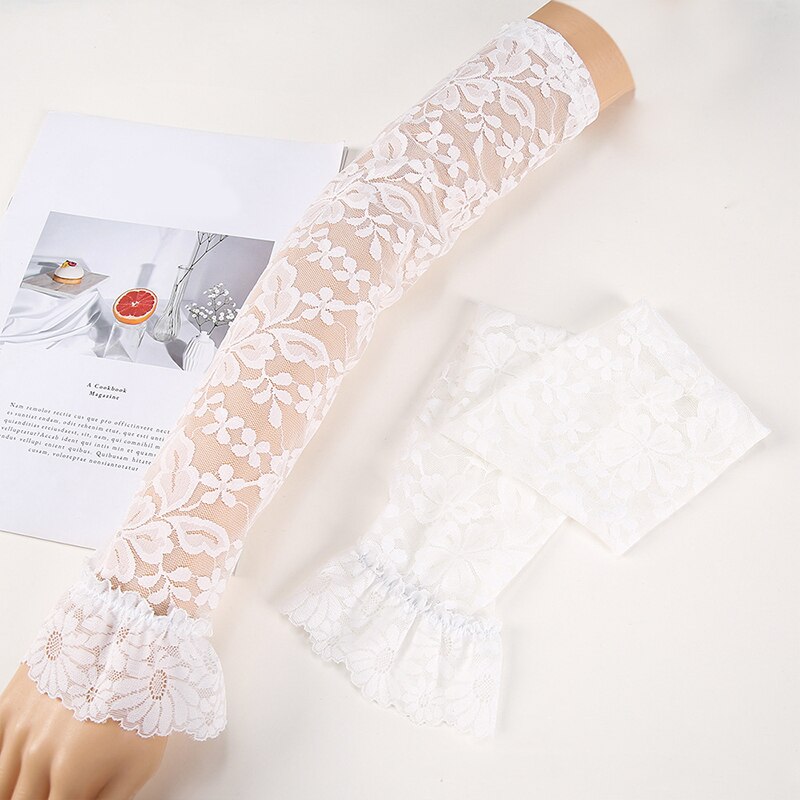 Protector solar de encaje para mujer, manoplas de manga de brazo, cubierta de brazo de clásica, protección UV, puños de brazo de hielo, guantes de conducción sin dedos: Blanco