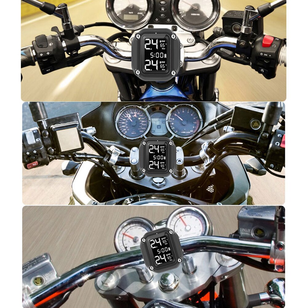 Solar Motorcycle TPMS with Time Display IP65 Waterproof Tire Pressure Tyre Temperature Alarm Monitoring System for Motorcycle
