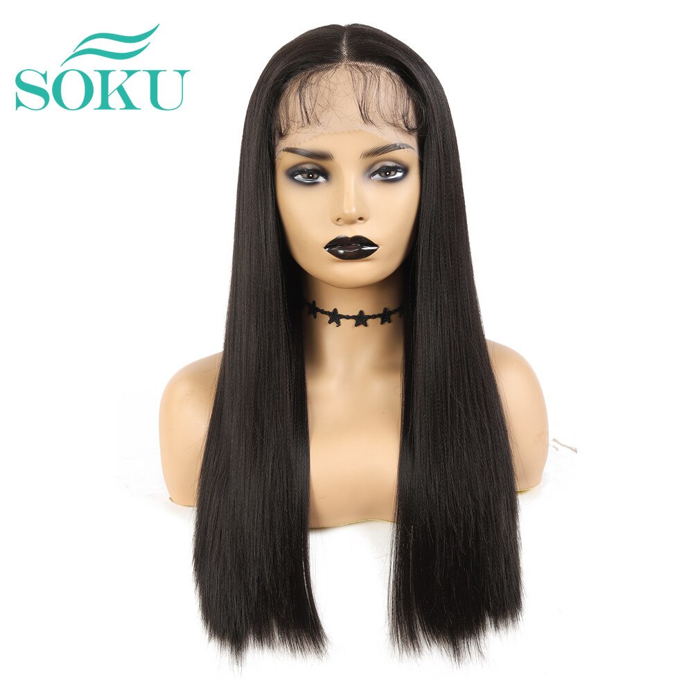 SOKU-perruque noire synthétique longue et lisse avec raie centrale, cheveux naturels en Fiber résistante à la chaleur, pour femmes noires: Default Title