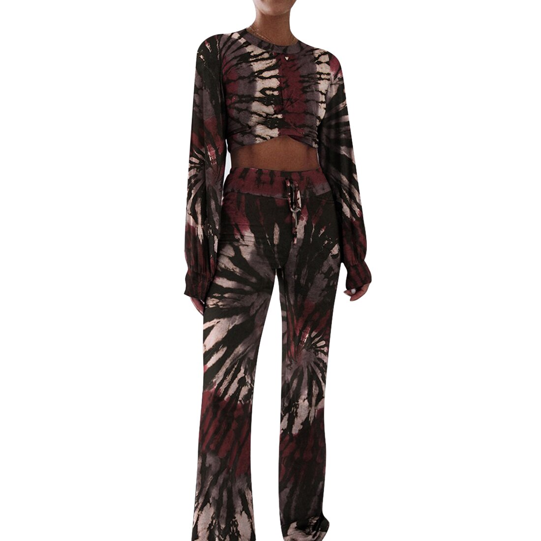 Tie-dye dames sportkleding lange mouwen kink top blote navel hoge taille broek tweedelige pakken dames herfst: S / Bruin