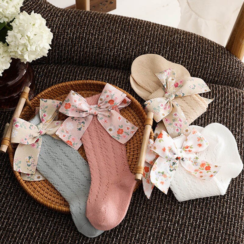 Calzini per bambini a fiori calzini estivi traspiranti per bambini calzini alti per bambina fiocchi stampati calzini lunghi per bambini sottili vuoti