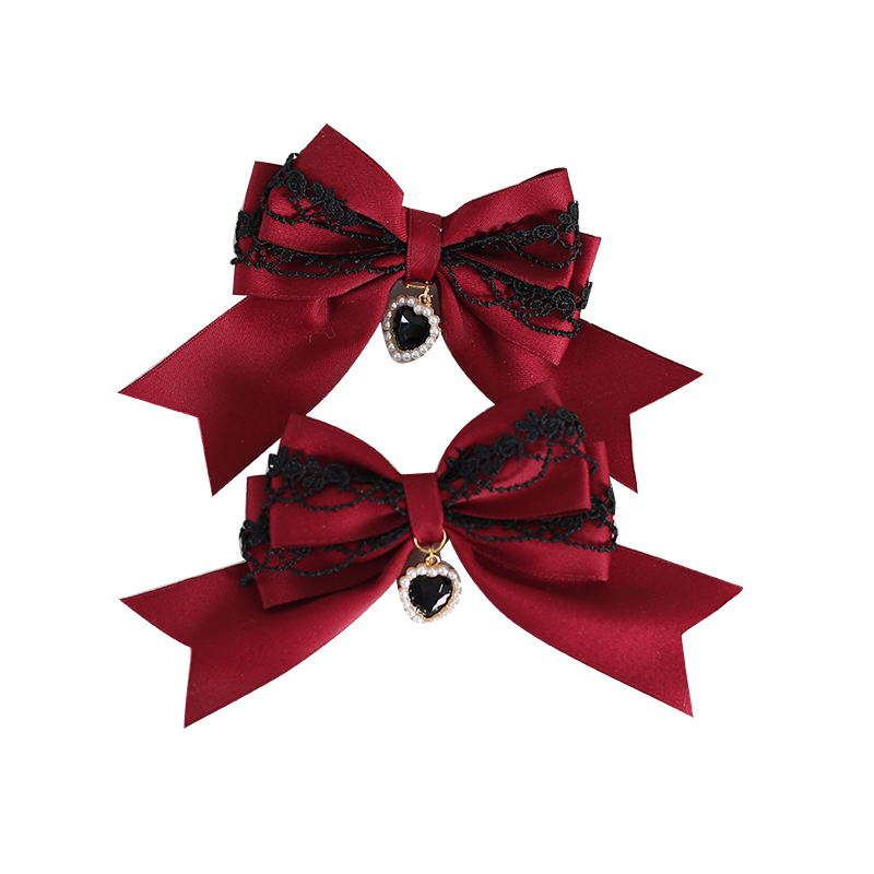 Original Handmade Lolita Dark Halloween Hair Accessories Dark Goth Lace Love Hairpin a Pair of Hairclips