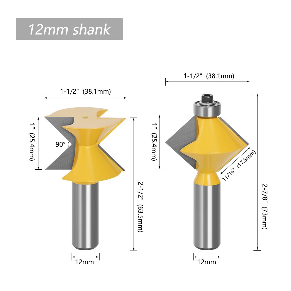 2 stuks 12MM 1/2 "Shank 90 Graden V Tingue Groef Rand Banding Router Bit Set Plaat Splicing houtbewerking Frees 079: 12mm shank