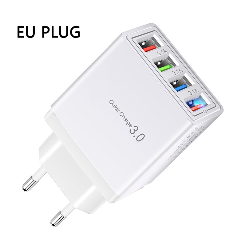 Ładowarka wieloportowa 4USB ładowarka do telefonu komórkowego ue QC 3.0 ładowarka podróżna szybka ładowarka do iPhone13 12 Xiaomi Samsung: White