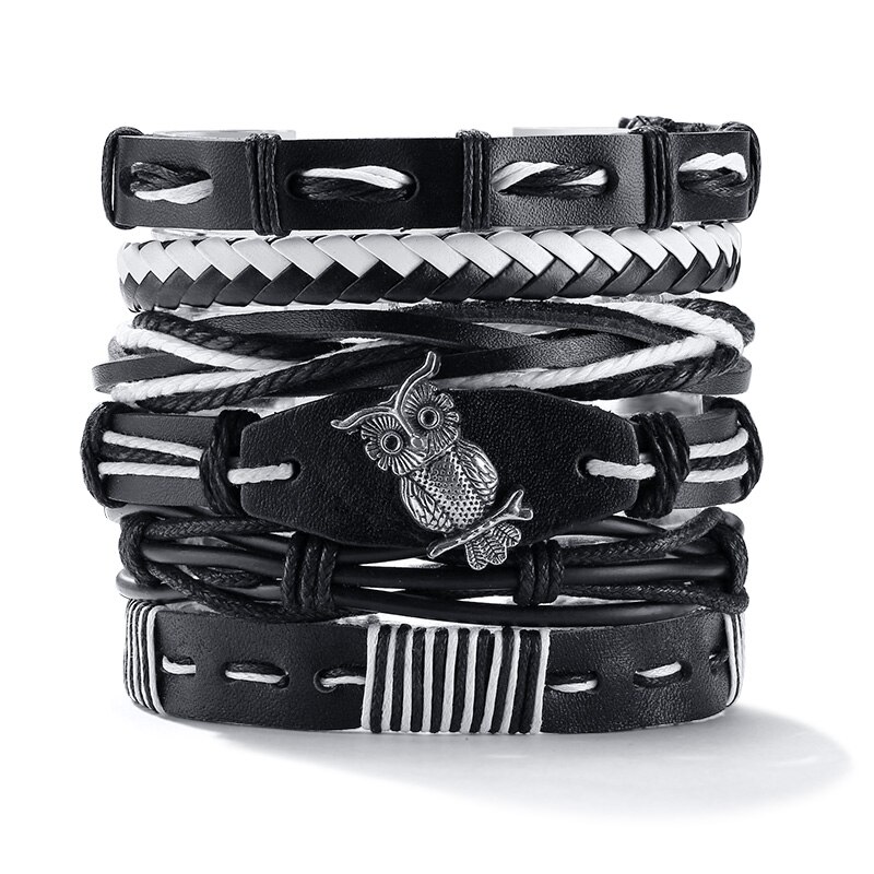 Vintage Infinity Dollar Sign Multilayer Lederen Armbanden Mannen Mode Gevlochten Handgemaakte Ster Touw Wrap Armbanden Mannelijke: owl