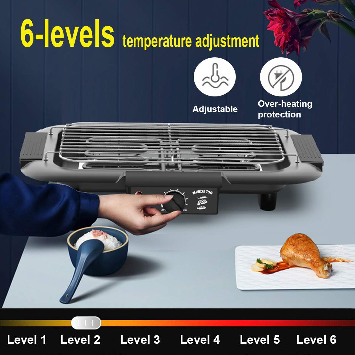 2000W Household BBQ Grill Electric Barbecue Machine Smokeless Grilled Meat Pan 6 Temperatures Hotplate Oven Kitchen Appliances