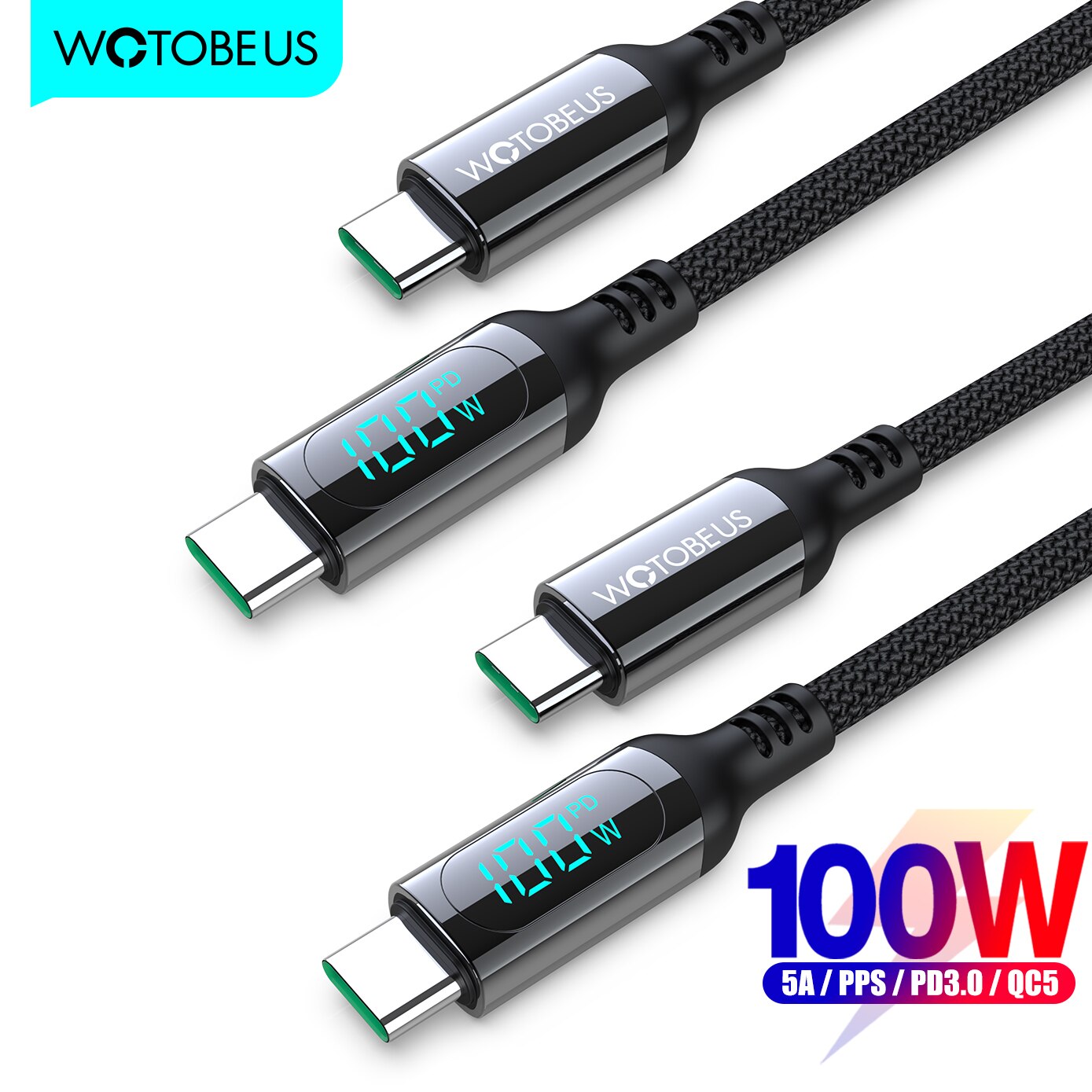WOTOBE PD100W USB C zu USB C Kabel, LED-anzeige 5A E-Marker Schnelle Ladung Nylon Geflochtene Schnur für Samsung S21 Ultra iPad Laptop