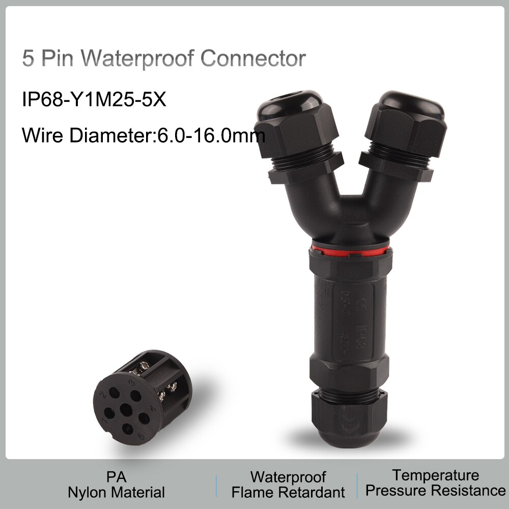 Conector a prueba de agua IP68, forma de E/S/T, 2/3/4/5 Pines, adaptador de Terminal eléctrico, conector de Cable para conexión de luz LED al aire libre: 5X M25 Y Shape