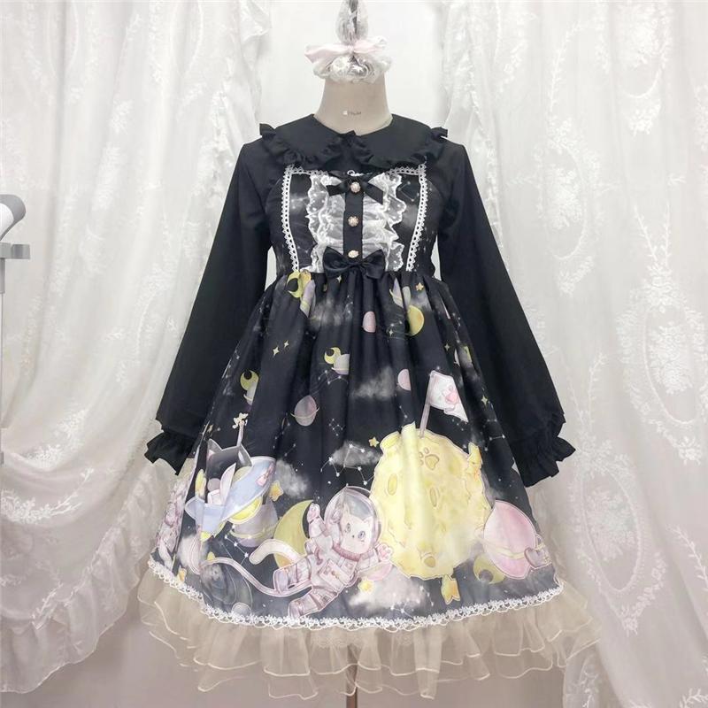 Lolita Kawaii Suspenders Dress Vintage Gothic Jsk Princess Girl Dress Gradient Sky Print High Waist Bowknot Lace Ruffle Sweet: Only JSK Dress 2